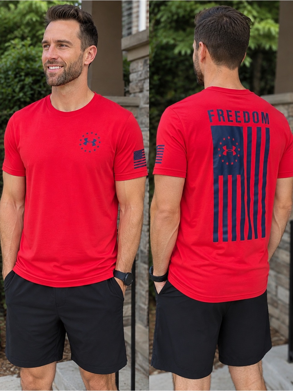 Under Armour HeatGear Freedom USA Flag T-Shirt Men's Large Red Navy Logo.